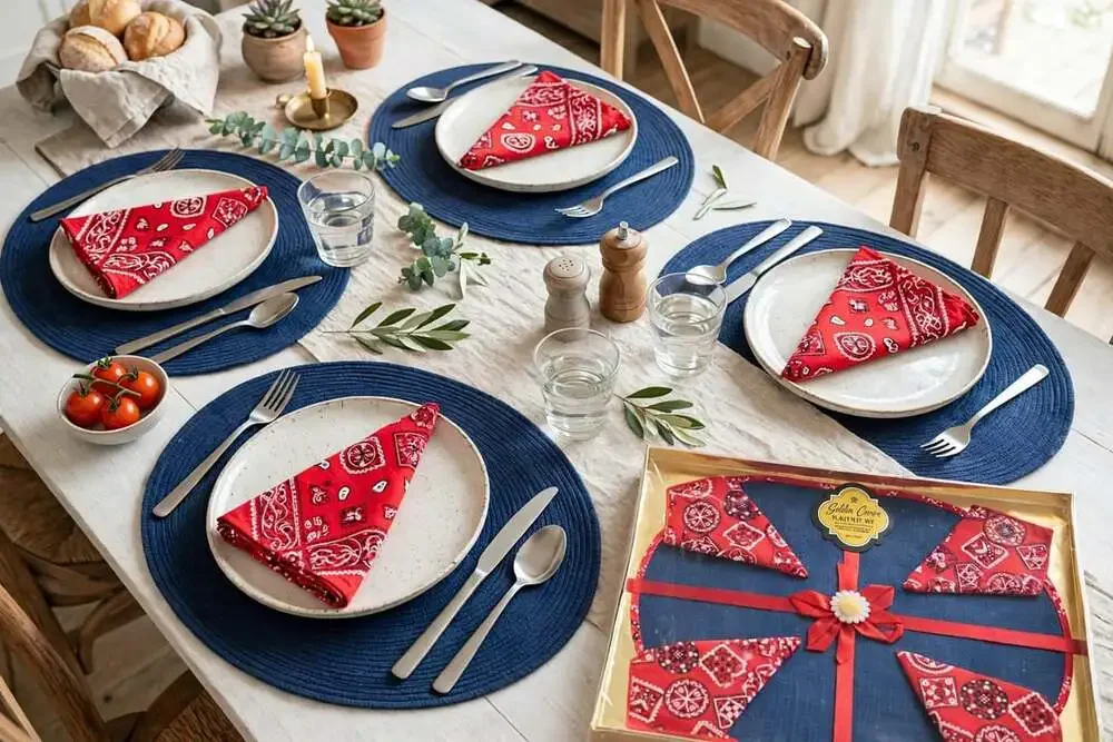 Vintage Golden Crown 8 Pc Place Mat & Napkin Set Blue Red Floral NOS